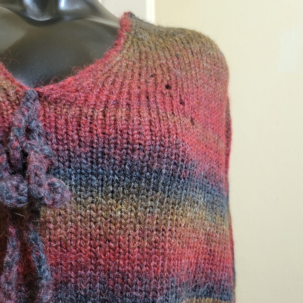 Vintage Max Studio V Neck Pom Pom Tie Striped Southwestern Poncho